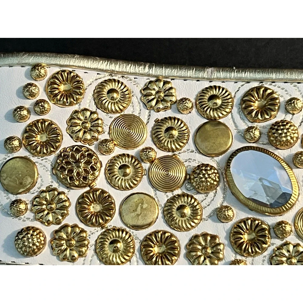 MCM White Leather Wide BELT Gold Tone Studs & Diva Bling Crystal Rhinestones